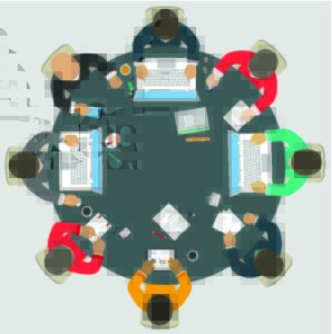 Vogelperspektive auf acht Personen an einem runden Konferenztisch, die mit Laptops, Tablets, Unterlagen und Kaffee arbeiten.