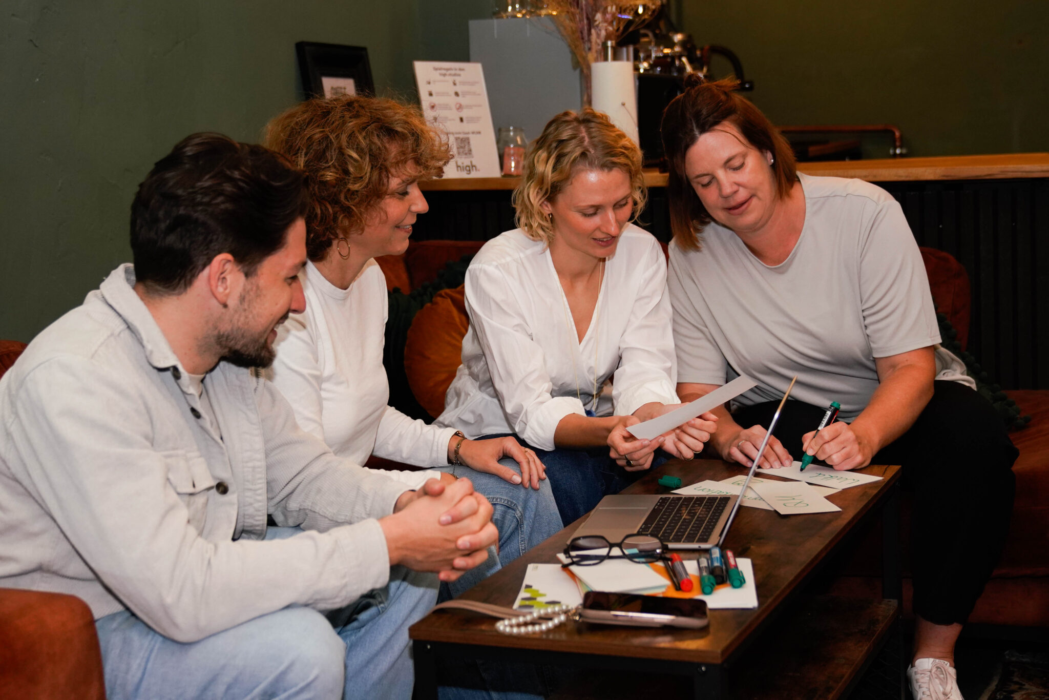 Vier Personen besprechen gemeinsam Karten und Notizen am Couchtisch mit Laptop und Stiften