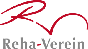 Logo mit rotem geschwungenem Symbol über dem Schriftzug „Reha-Verein“ auf schwarzem Hintergrund