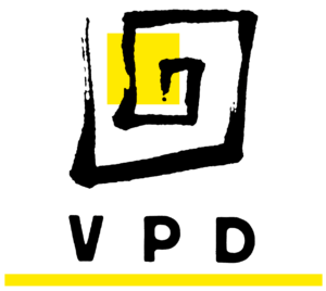Schwarzes Logo mit gelbem Spiralzeichen, darunter die Buchstaben VPD und ein gelber Balken